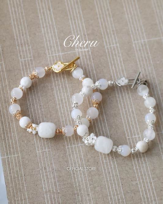 *Instocks* 8mm Satin Spar, White Agate, White Phantom Quartz with OT Clasp
