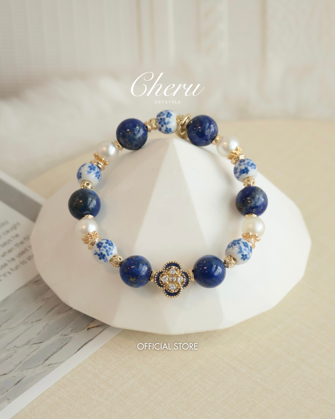 *Instocks* Chinese Porcelain Inspired - 10mm Lapis Lazuli (String Through Clover Charm)