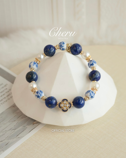 *Instocks* Chinese Porcelain Inspired - 10mm Lapis Lazuli (String Through Clover Charm)