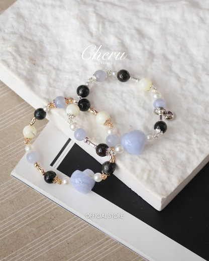 *Instocks* 8mm Blue Lace Agate with Heart Carving, White Conch , Hypersthene