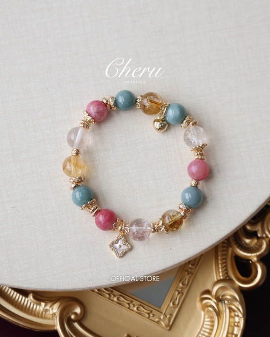 *Instocks*  -  The Luxe Edit - 10mm Citrine, Rhodonite, Rose Quartz & Blue Water Jadeite with Clover Charm (Elastic)