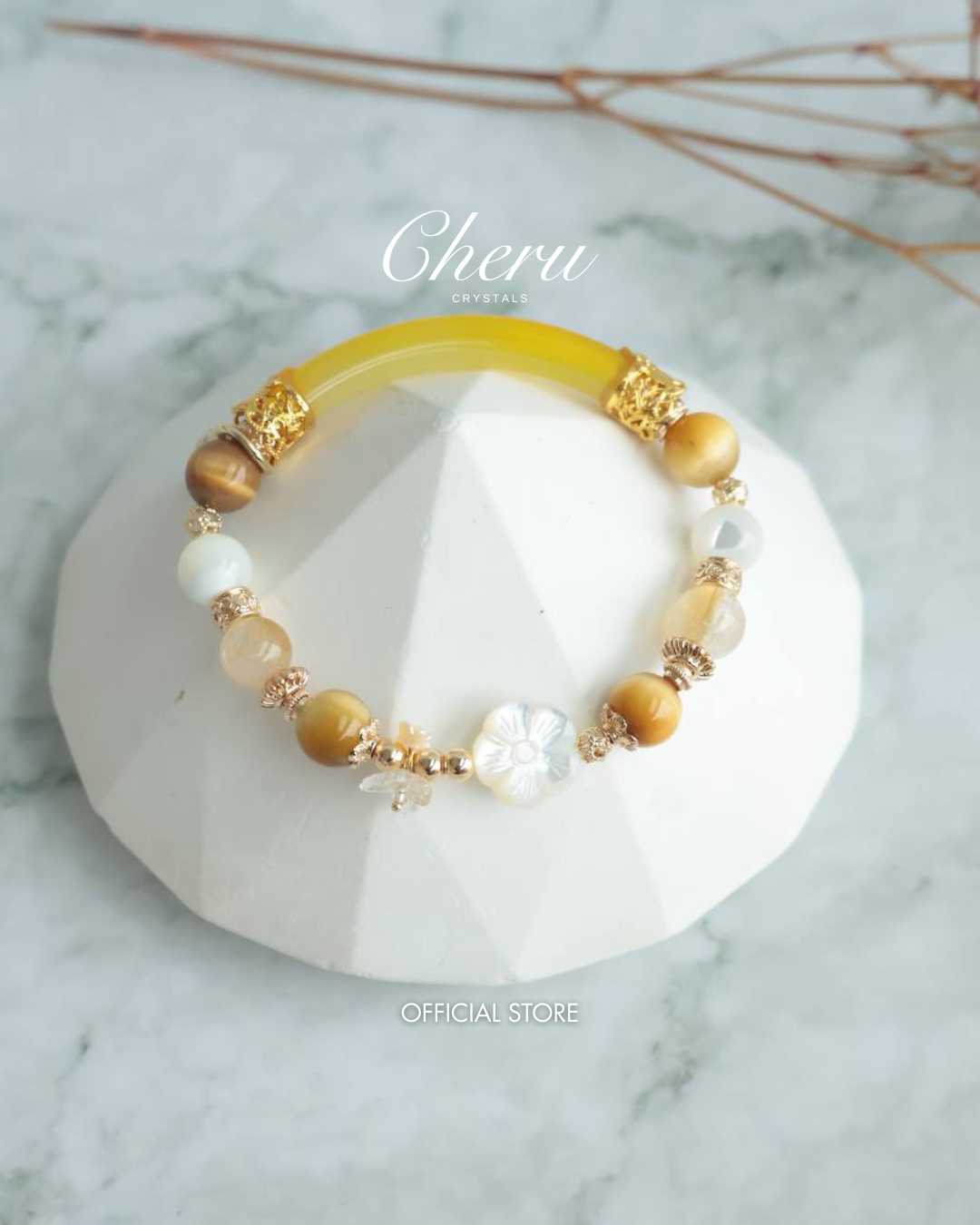 *Instocks* 8mm Yellow Bangle White Conch Flower, Tiger's Eye, Citrine (Elastic) Gold
