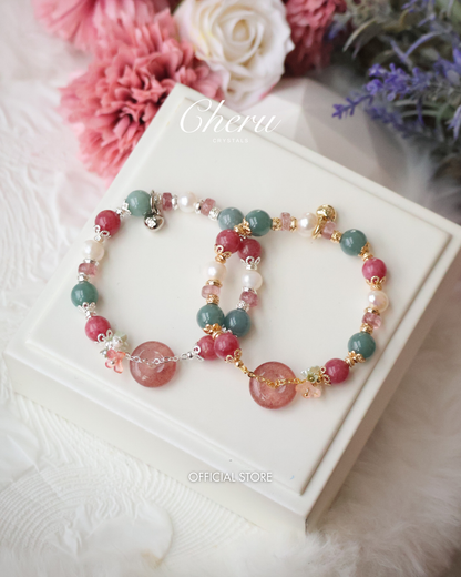 *Instocks* Mia - 平安扣 Ping An Kou - 8mm Blue Water Jadeite, Strawberry Quartz, Rhodonite, Fresh Water Pearl (Elastic)