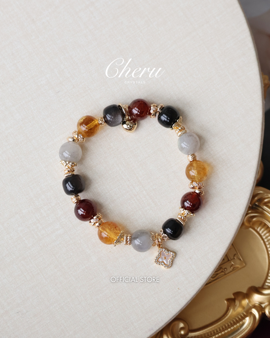 *Instocks*  -  The Luxe Edit - 10mm Citrine, Black Obsidian, Garnet & Labradorite with Clover Charm (Elastic)