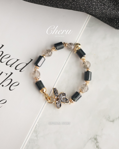 *Instocks* 8mm Bali Inspired: Black Strawberry Quartz (Elastic) Gold