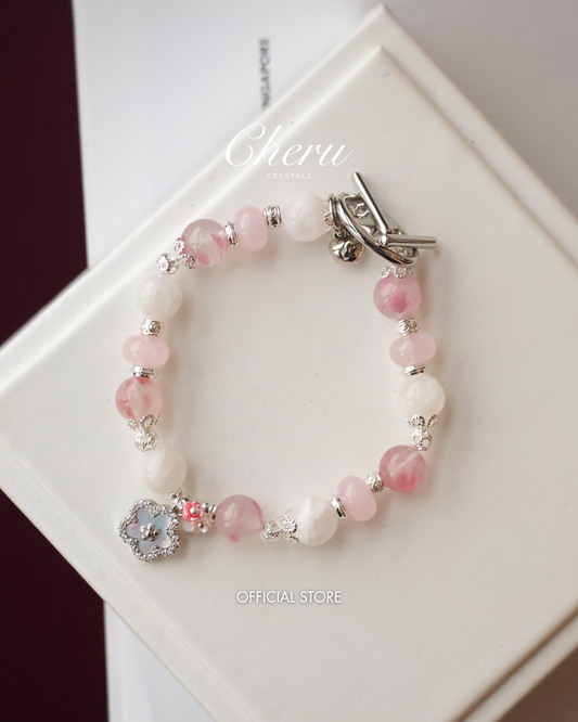 *Instocks*  SakuraKoi 8mm - White Phantom Quartz, Rose Quartz, Rhodonite w Clover Charm & Double OT Clasp