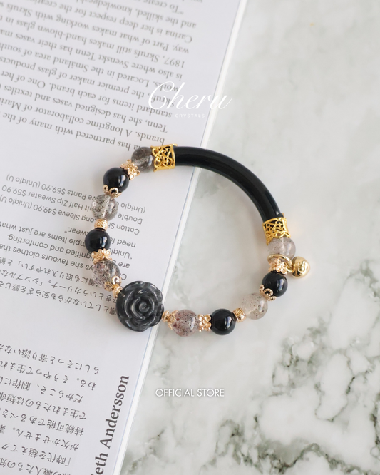 *Instocks* 8mm Wuji Jadeite Rose,  Black Tourmaline,  Black Strawberry Quartz (Elastic) Gold