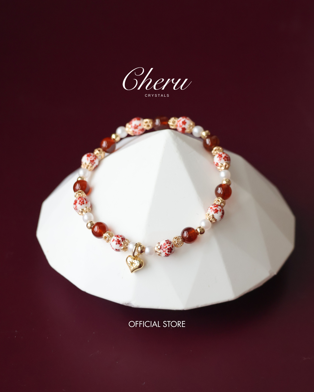 *Instocks* Chinese Porcelain Inspired - 6mm Garnet with Heart Dangly