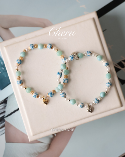 *Instocks* Chinese Porcelain Inspired - 6mm Larimar with Heart Dangly