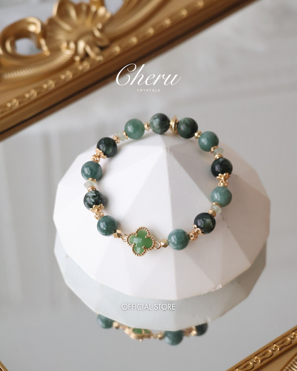 *Instocks*  - Viridian - 8mm Blue Water Jadeite, Seraphinite & Green Aventurine with Clover (Elastic)