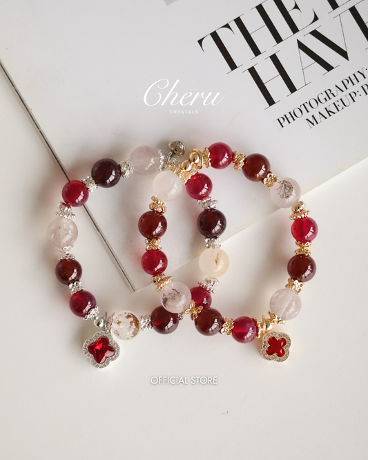 *Instocks* 10mm Cordelia Twin: Dendrite Rose Quartz, Garnet, Red Star Ruby (Elastic)