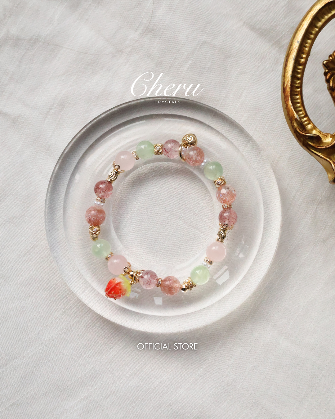 *Instocks* Anya: 8mm Strawberry Quartz, Prehnite, Rose Quartz, Heated Copper Rutile with Dangly Strawberry Charm