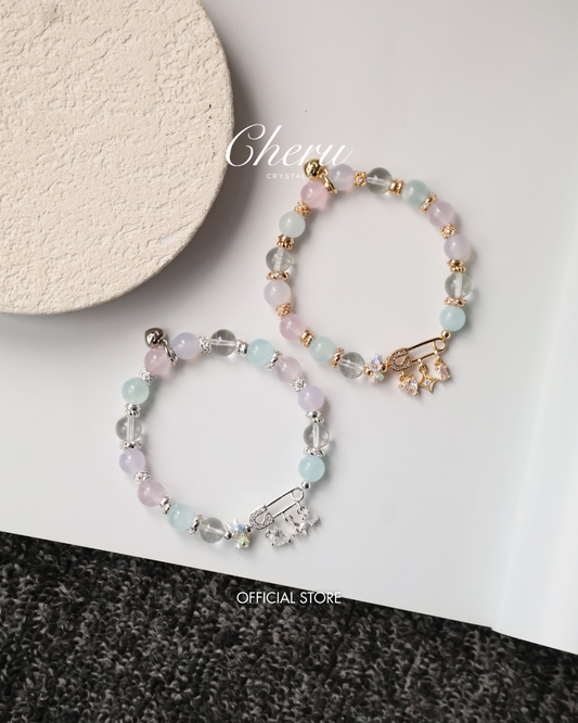 *Instocks* 8mm Genevieve with Safety Pin Charm: Rose Quartz, Lilc Chalcedony, Aquamarine, Green Phantom Quartz (Elastic)