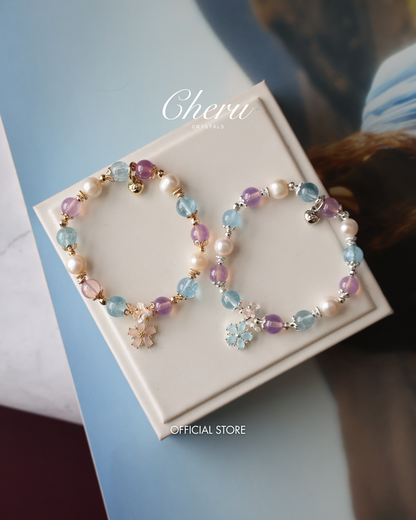 *Instocks* Arendelle  - 8mm Ruby, Blue Topaz, Freshwater Pearl with Flower Charm (Elastic)