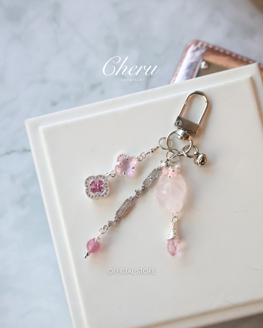 *Instocks* Blush Kyubi - Rose Quartz Nine Nine Tail Fox 九尾狐 with Clover Charm Keychain