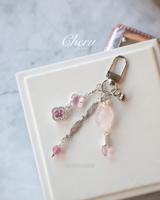 *Instocks* Blush Kyubi - Rose Quartz Nine Nine Tail Fox 九尾狐 with Clover Charm Keychain