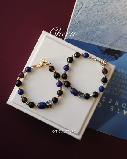 *Instocks*  Lunaris- 8mm Lapis Lazuli Barrel, Black Obsidian, Smoky Quartz with Bouquet OT Clasp (Elastic)