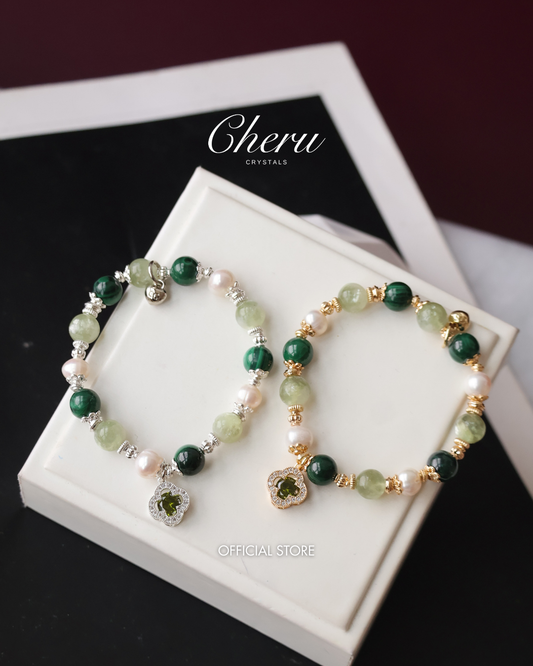 *Instocks* 8mm/10mm Cordelia Twin: Malachite, Green Emerald Mica, Freshwater Pearl (Elastic)
