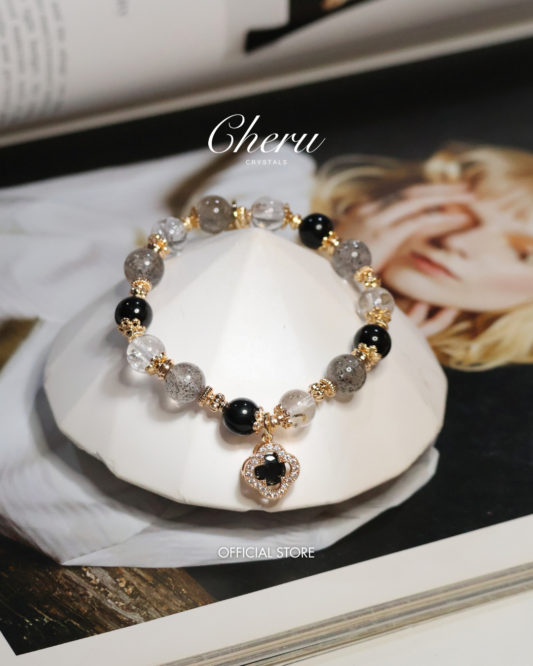 Black Strawberry Quartz, Black Tourmaline & Herkimer Diamond with Sparkly Black Clover — Cordelia Twin Crystal Bracelet | 8mm & 10mm (Elastic)