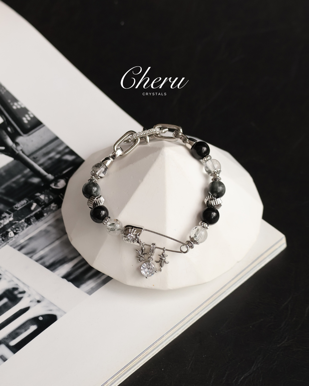 Grey Tiger’s Eye, Black Obsidian & Herkimer Diamond — Chroel| 8mm (Elastic)