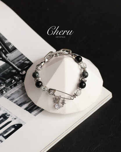 Grey Tiger’s Eye, Black Obsidian & Herkimer Diamond — Chroel| 8mm (Elastic)