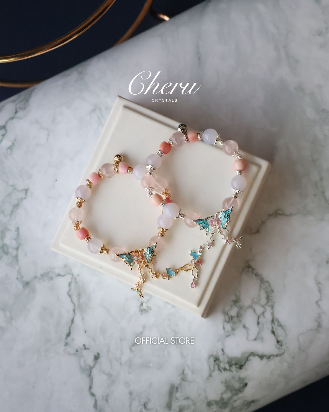 *Instocks* Elaria - 10mm Queen Conch, Lilac Chalcedony, Rose Quartz with Butterfly Charm (Elastic) (Copy)