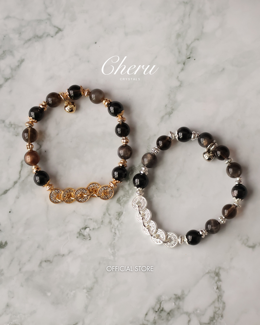 *Instocks* Fengshui Coins Vincere - 8mm Hyperstene, Smokey Quartz, Black Skeletal Sunstone (Elastic)