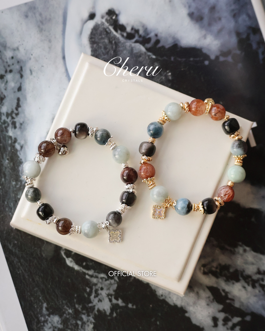 *Instocks*  -  The Luxe Edit - 10mm Black Obsidian, Black Gold Super 7, Devil Blue Aquamarine & Wuji Jadeite with Clover Charm (Elastic)