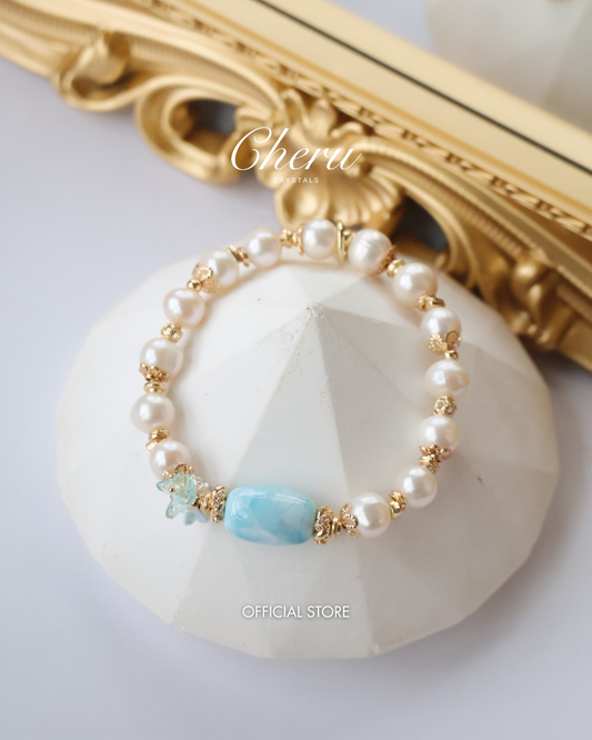 *Instocks* 8-9mm Fresh Water Pearl & Larimar Barrel with Bouquet