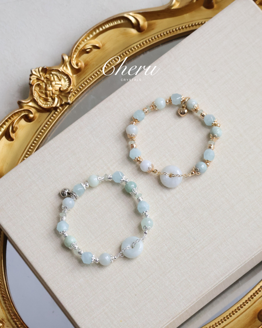 Aquamarine Faceted, Green Jadeite & Green Aventurine —  Green Jadevie Ping An Kou | 8mm (Elastic)