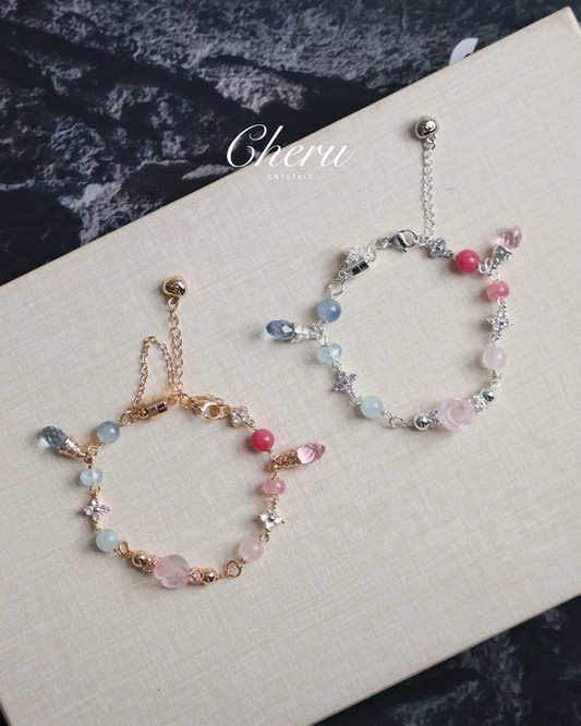 Rose Quartz, Blue Kyanite, Blue Topaz, Aquamarine & Rhodonite — Rosensia Bleu Chain Bracelet | 8mm (Magnetic Opening, Chain)