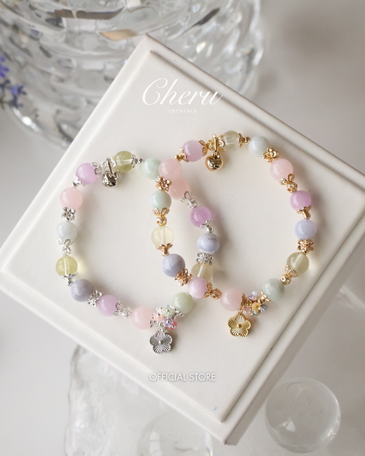 *Instocks* Floryn - 8mm Rose Quartz, Kunzite, Blue Lace Agate, Lemon Quartz, Green Jadeite with Bouquet & Flower Dangly