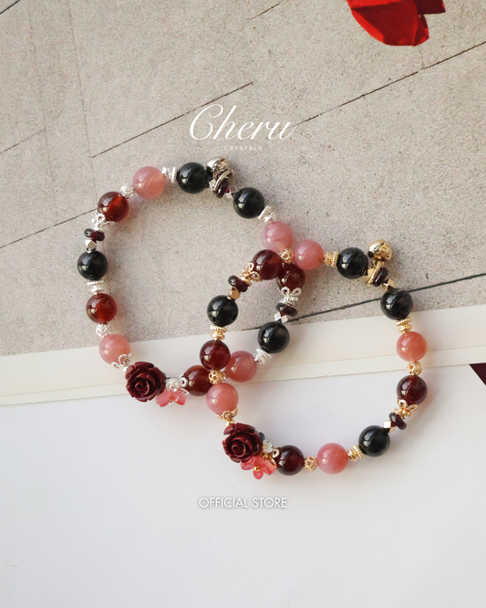 *Instocks*  Rewine - 8mm Yan Yuan Agate, Hypersthene, Garnet with Cinnabar Rose Carving