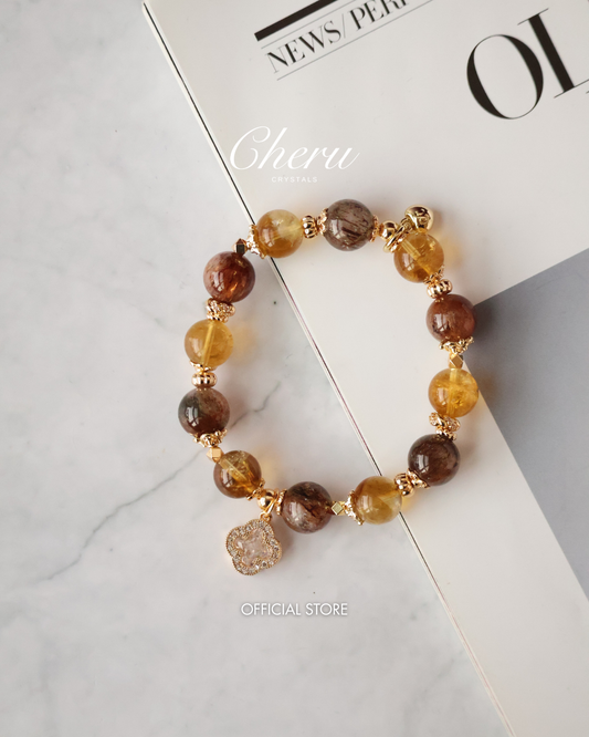 *Instocks* 8+10mm Cordelia Twin with Sparkly Clover: Citrine & Black Gold Super 7