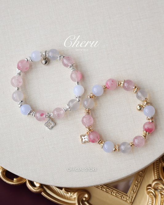 *Instocks*  -  The Luxe Edit - 10mm Strawberry Quartz, Blue Chalcedony, Rhodonite & Lavender Moon Quartz with Clover Charm (Elastic)