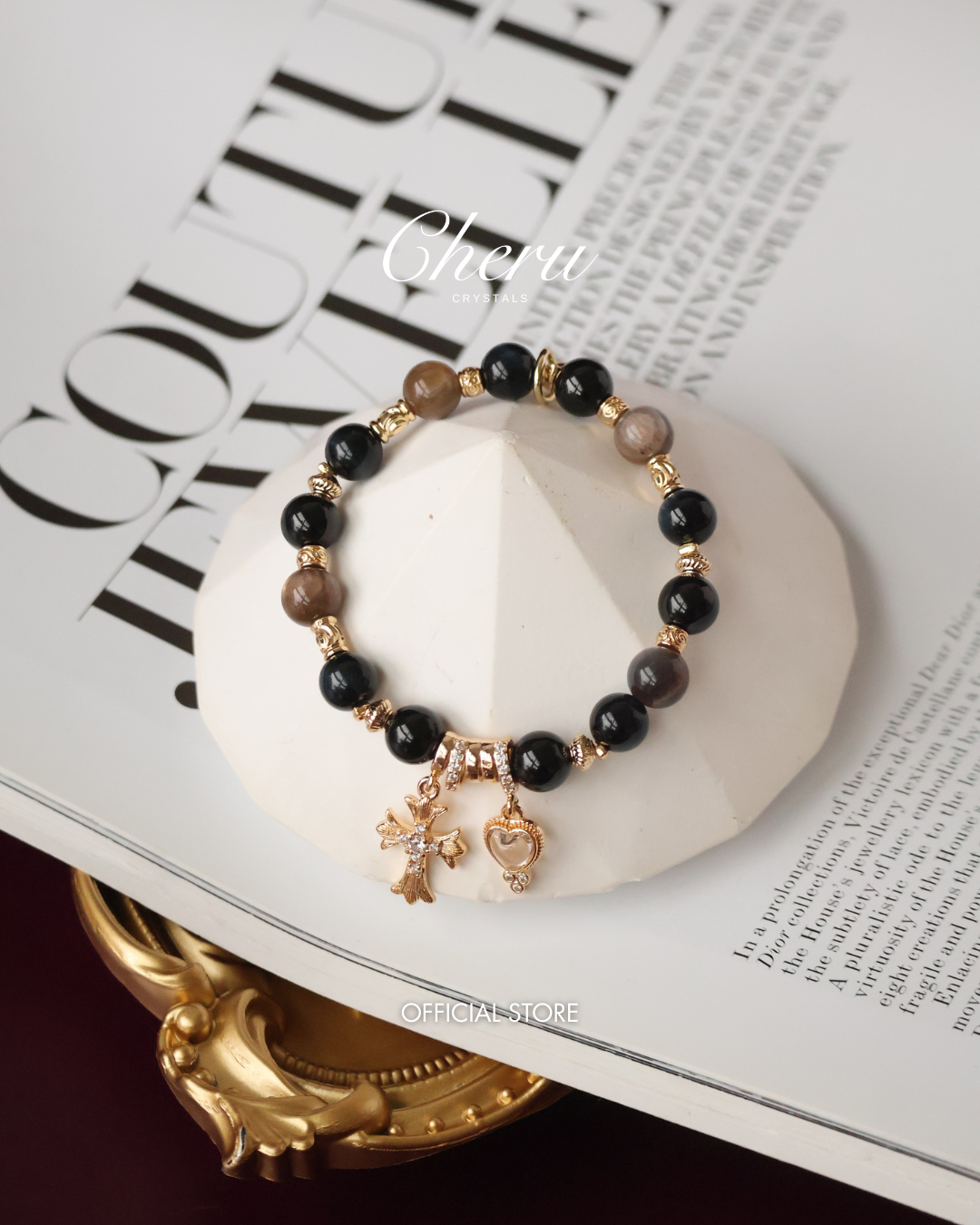 *Instocks* Cross x Heart - 8mm Black Tourmaline, Blue Tiger's Eye, Black Gold Skeletal Sunstone (Elastic)