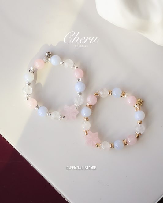 *Instocks* Starley - 10mm Blue Chalcedony, White Phantom Quartz & Rose Quartz with Rose Quartz Snowflake Charm (Elastic)