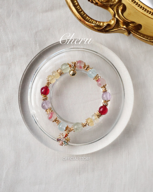 *Instocks* Prismette Duobao 多宝 - Prasiolite, Amethyst, Blue Topaz, Sakura Rhodonite, Red Star Ruby & Citrine Rondelles with Multi-Coloured Snowflake Crystal Bracelet (Elastic)