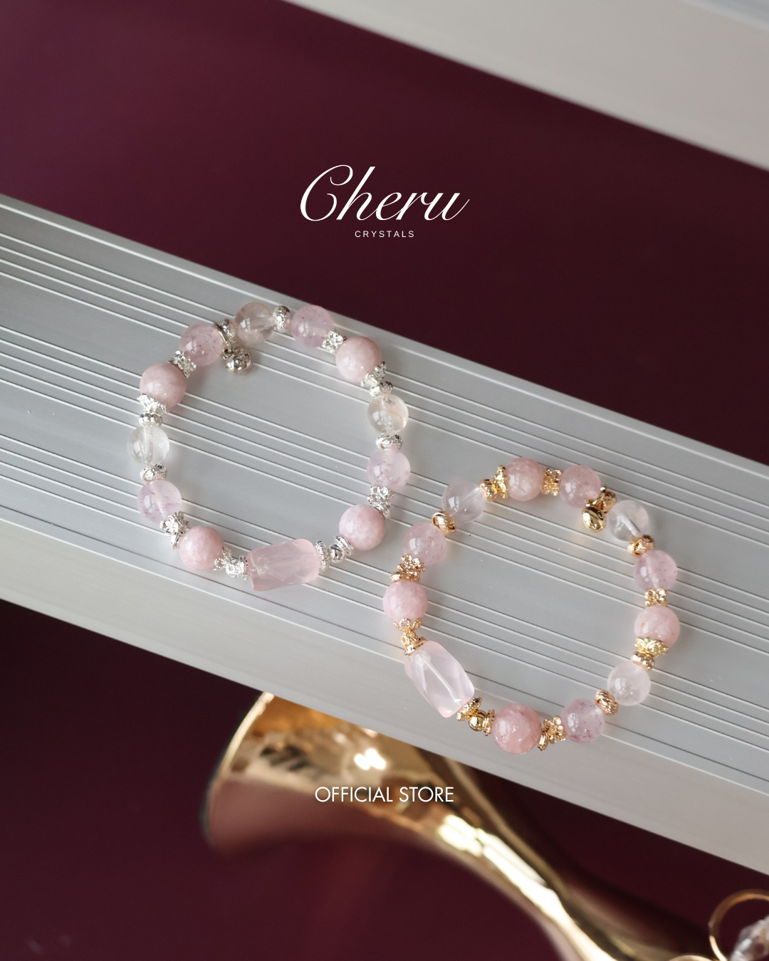 *Instocks* Ophelia - 10mm Pink Purple Emerald Mica, Strawberry Quartz, Rose Quartz with Rose Quartz Freeform (Elastic)