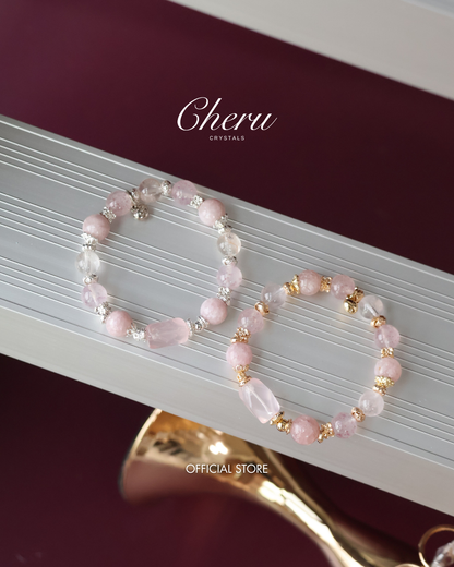 *Instocks* Ophelia - 10mm Pink Purple Emerald Mica, Strawberry Quartz, Rose Quartz with Rose Quartz Freeform (Elastic)