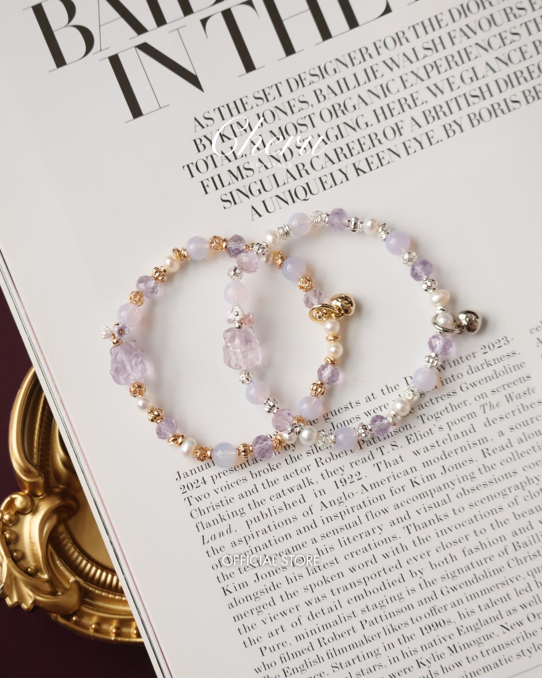 *Instocks* Ameliora - 6mm Nine Tail Fox Amythest Carving with Fresh Water Pearl (Elastic)