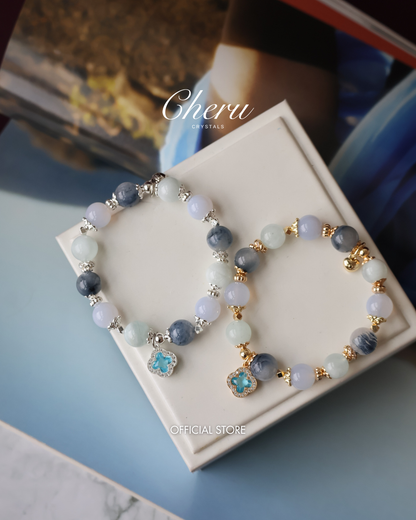 Blue Chalcedony, Aquamarine & Blue Rabbit Hair Crystal Bracelet — Cordelia Twin Sparkly Clover | 8mm + 10mm (Elastic)