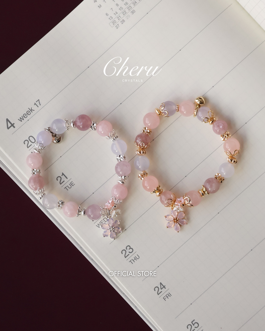 *Instocks* Blooming Bouquet - 8mm/10mm Pink Purple Emerald Mica, Lilac Chalcedony & Rose Quartz with Pink Flower & Mini Flower Bouquet Natural Crystal Bracelet (Elastic)