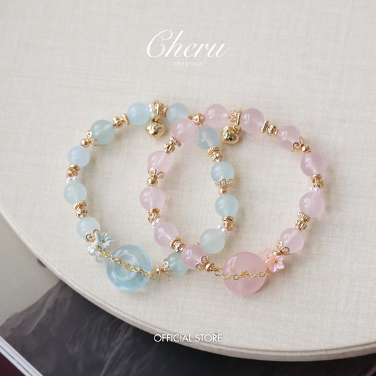 *Instocks* 8mm Erilyn(Aquamarine) & Annelina(Rose Quartz) Ping An Kou 平安扣 with Bouquet (Elastic) Gold & Silver