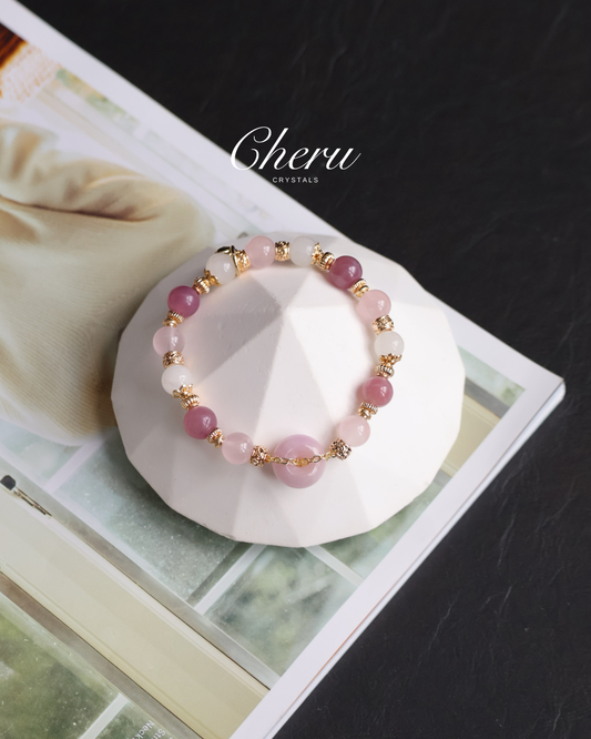 Rose Quartz, Kunzite, Lavender Rose Quartz & White Jadeite — Miura Ping An Kou | 8mm (Elastic)